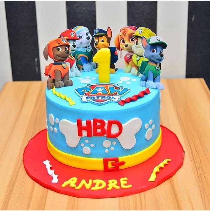 Colorful Paw Patrol themed birthday cake